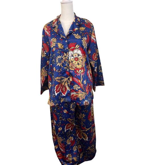 Natori 2 Piece Blue Floral Silky Satin Pajamas Set Long Sleeve size Medium - Picture 1 of 11